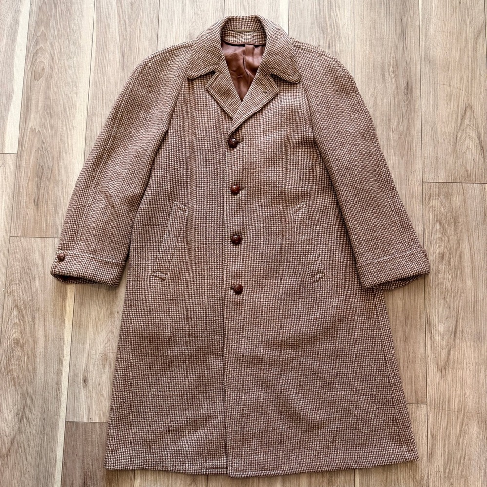 Vintage 50s Harris Tweed Overcoat Mens 44L Brown Wool Trench Coat Union Made USA